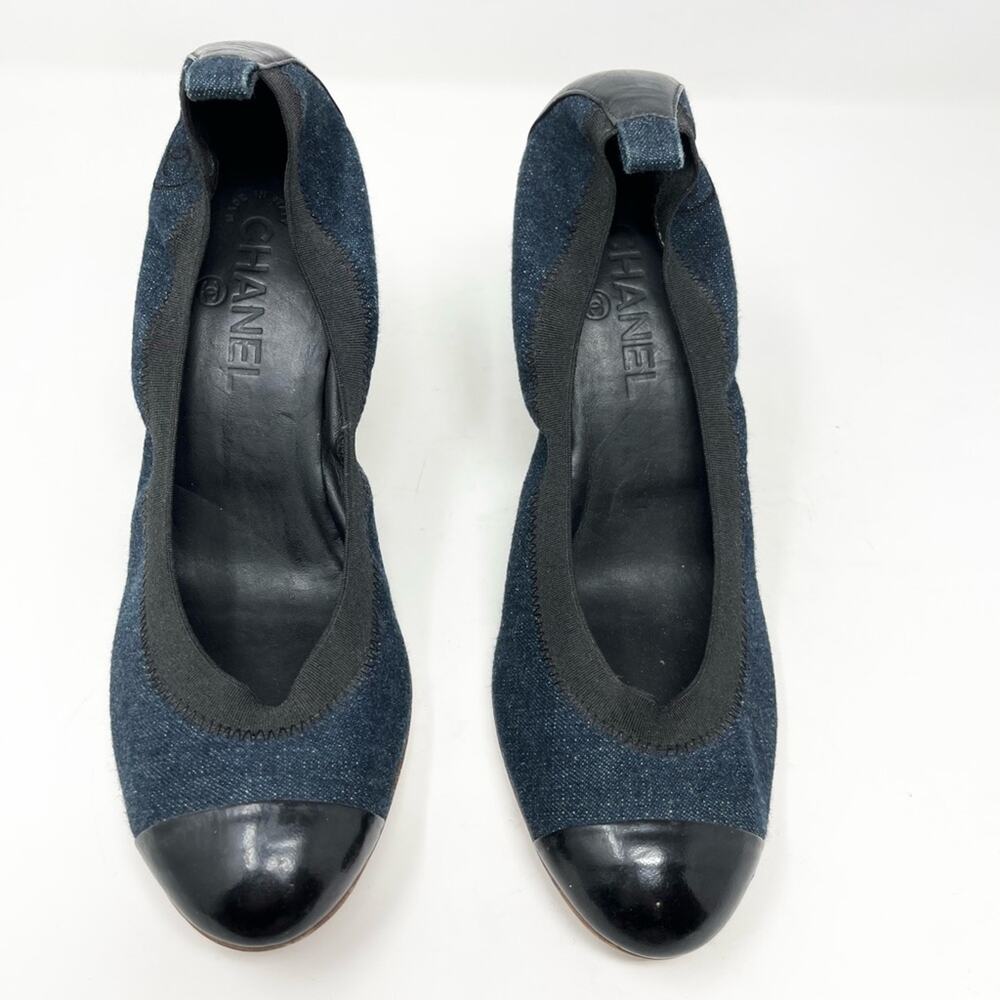 Chanel Ballet Cap Toe Leather Pump Black Denim Spirit Stretch Pump Vintage 41 - Picture 3 of 5